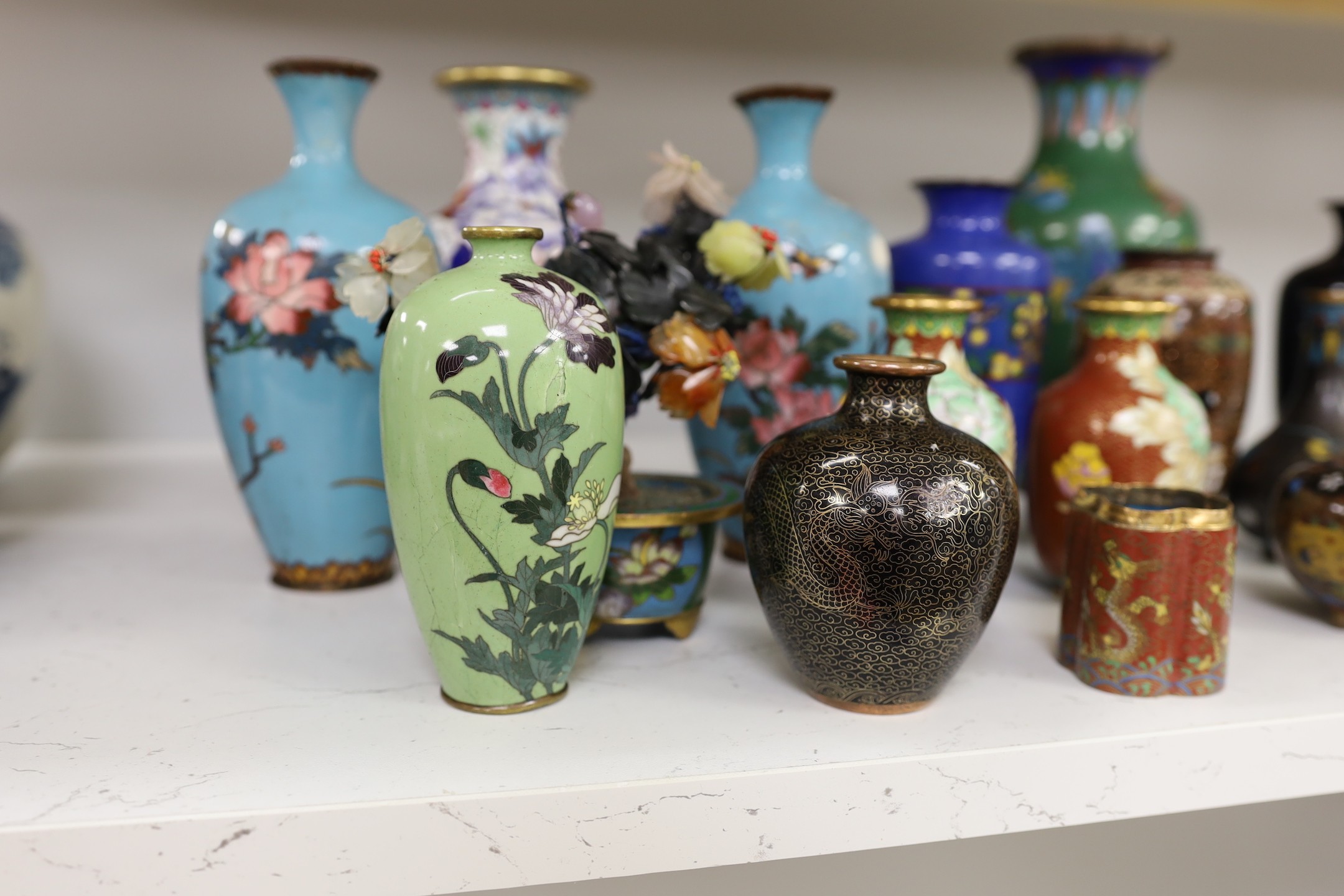 A group of Chinese and Japanese cloisonné enamel vases etc. tallest 22cm